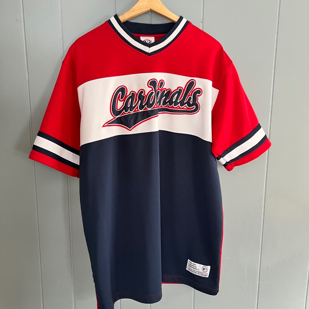 True Fan Cardinals Baseball Jersey Red‎ White Blue V-Neck Men's XL Vintage Look